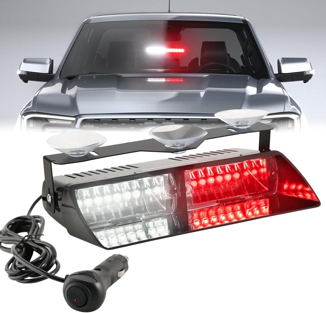 Red/White Firefighter Emergency Dash Strobe Lights for Vehicles 12V 16 LEDs Interior Windshield Visor Deck Hazard Flashing Safety Warning Light Bar for Police Law Enforcement Trucks