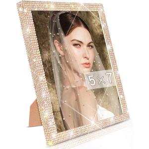 5x7 Bling Picture Frame Display Pictures 5x7, Tabletop or Wall Mount Glitter Shiny Crystal Photo Frame With Sparkle Glass Rhinestones, Horizontally or Vertically(Golden)