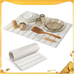 Large Stone Drying Mat for Kitchen Counter, 2416 Inch Fast Absorbent Diatomaceous Earth Dish Drying Stone, Collapsible Quick-Dry Draining Mat for Dishes Cookware Cups Any Countertop