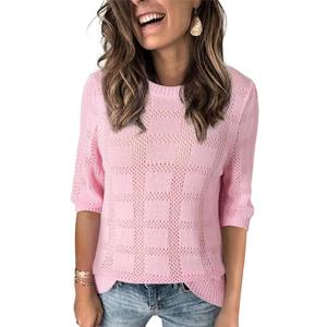 Dokotoo Women's Casual Short Sleeve Loose Tunic Tops Lightweight Crochet Knit Summer Sweaters Blouses (Pink, XL)