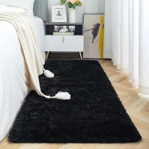 Fluffy Runner Rug for Bedroom Plush Area Rugs, Shag Carpet with Rubber Backing Non Slip, Comfy Nursery Mat Bedside Mats for Kids Boys Room Home Decor, 2ft x 8ft, Black