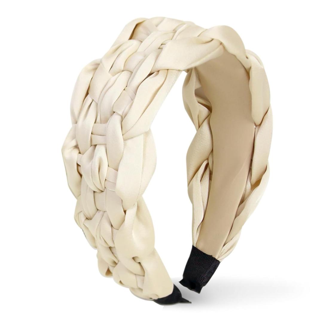 KU White Headbands for Women Trendy, 90s Satin Plait Soft Wide Headband for Girls and Teens, Plain No Teeth Thick Hoops Non-Slip Fashion Hair Accessories for Makeup Washing Face