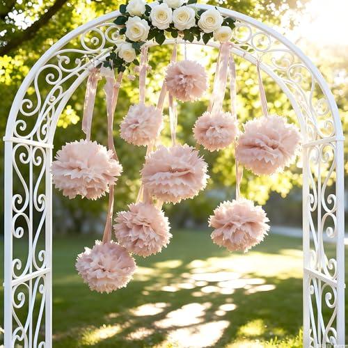 OBBOLO Nude Pink Tissue Paper Pompoms Decorations 9 Pack, 10 12 14 Inch Large Hanging Paper Pompoms with Satin Ribbon for Pink Party Decor, Ceiling Arch Party Decor for Wedding Baby Shower Birthday