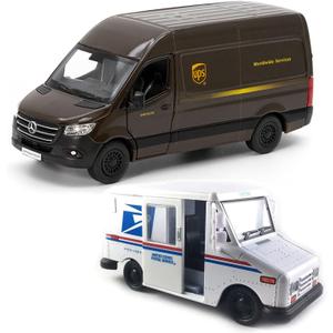 KiNSMART - UPS Mercedes-Benz Sprinter + United States Postal Mail Truck Grumman LLV 5 Inch Die Cast Metal Model Toy Van & Trucks SetOf2
