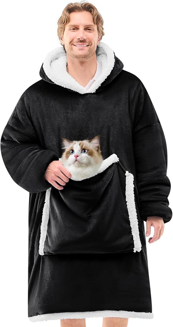 JOYWOO Black Wearable Blanket Hoodie,Oversized Cat Lovers Sweatshirt Blanket for Adult,Birthday Gifts for Men,Father,Boy,Cozy Fuzzy Sherpa Hooded Blanket with Giant Pocket and Winter Gifts,Standard