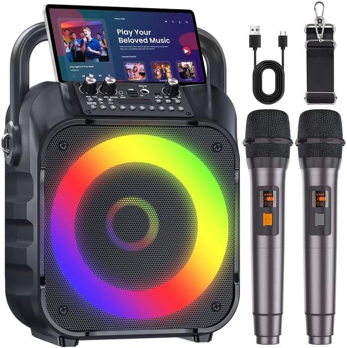 Karaoke Machine with Two Wireless Microphones, Portable Karaoke Machine for Adults & Kids, Portable Bluetooth Speaker with PA System, LED Lights, Supports TF Card/USB, AUX in, FM, USB,TWS (Black)