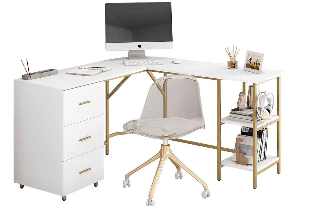 Techni Mobili L Shaped Desk - Two-Toned Computer Desk with Drawers & Storage Shelves - Simple Modern Furniture & Home Office Space Corner Table for Work & Writing