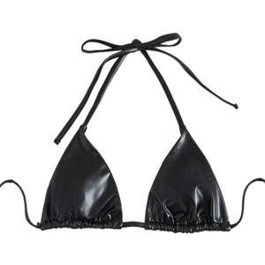 Verdusa Women's Triangle Bikini Top Self Tie PU Leather Halter Swim Top (Black, L)