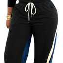 KANSOON 2 Piece Sets for Women Fall Tracksuit Outfits Long Sleeve Striped Zip Up Jacket Denim Patchwork Pants Lounge Set (X-Large, Black)