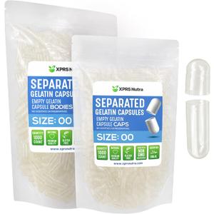 XPRS Nutra Gelatin Size 00 Separated Capsules - 1000 Count Gelatin Empty Capsules Separated in Bags - Separated Empty 00 Capsules - Pill Capsules DIY (Clear)