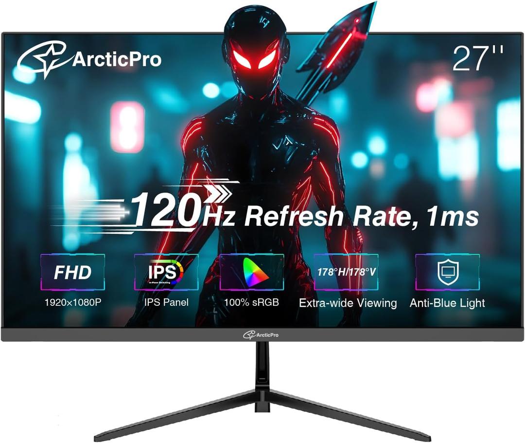 ArcticPro 27 inch Monitor 120Hz, FHD 1080p, Computer Monitor, IPS, 99% sRGB, Adaptive Sync, 1ms Response Time, 3-Sided Frameless, Ultra Slim, VESA Mountable, Anti-Blue Light Design, HDMI & VGA Ports