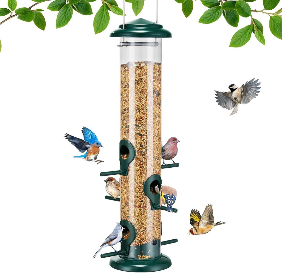 Kingsyard Metal Bird Feeders for Outdoors Hanging, Tube Bird Feeder with 6 Feeding Ports, 15 Inch, Chew-Proof & Weatherproof, Green