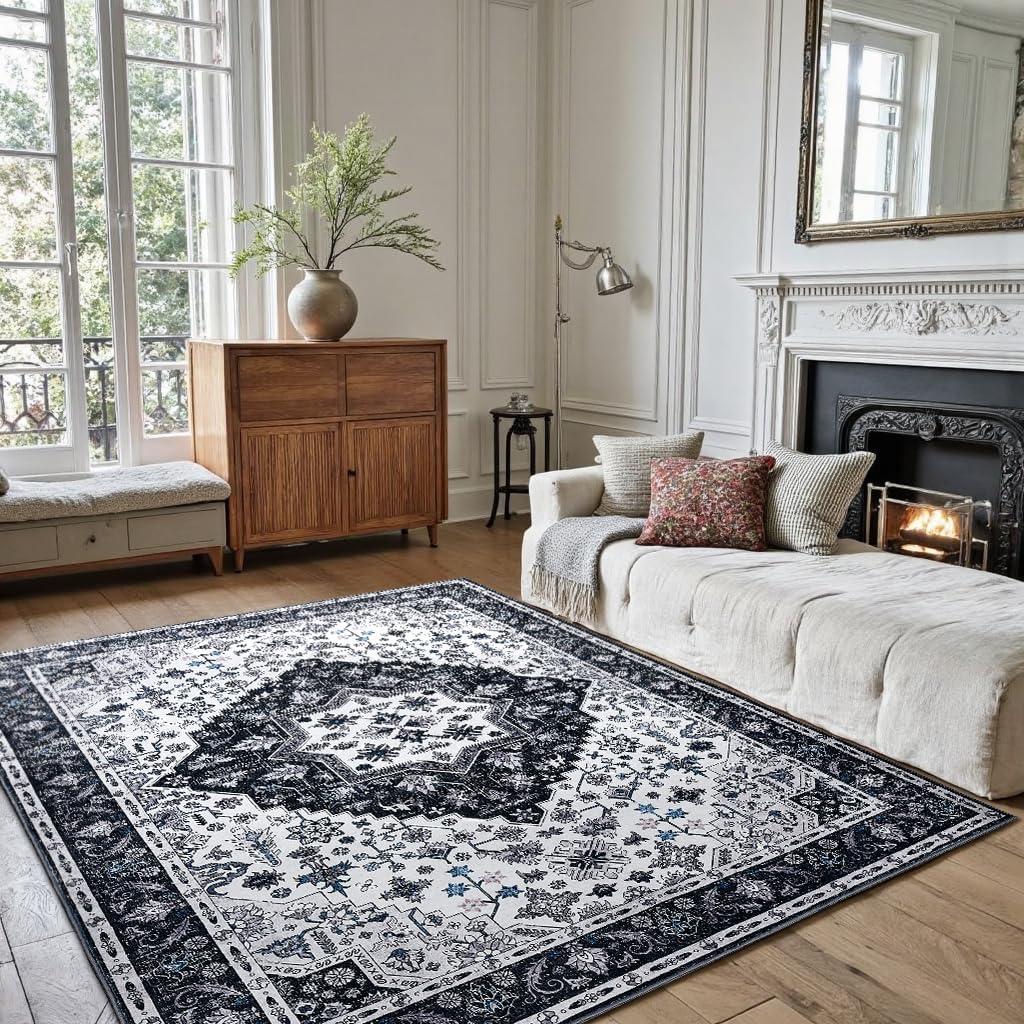 Area Rugs 4x6,Boho Vintage Oriental Washable Rugs,Collapsible Area Rug for Bedroom, Entryway, Kitchen, Bathroom (Black)