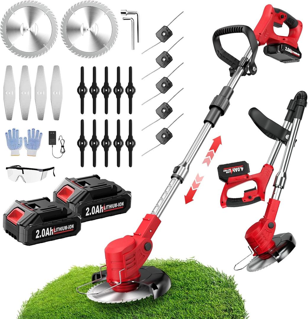 FULLYEA Electric Weed Wacker Cordless, Foldable Grass Trimmer with 2.0Ah Batteries & Charger, Brush Cutter Battery Powered with 3 Types Blades, Lawn Mover Lightweight Weed Eater for Lawn Yard Garden