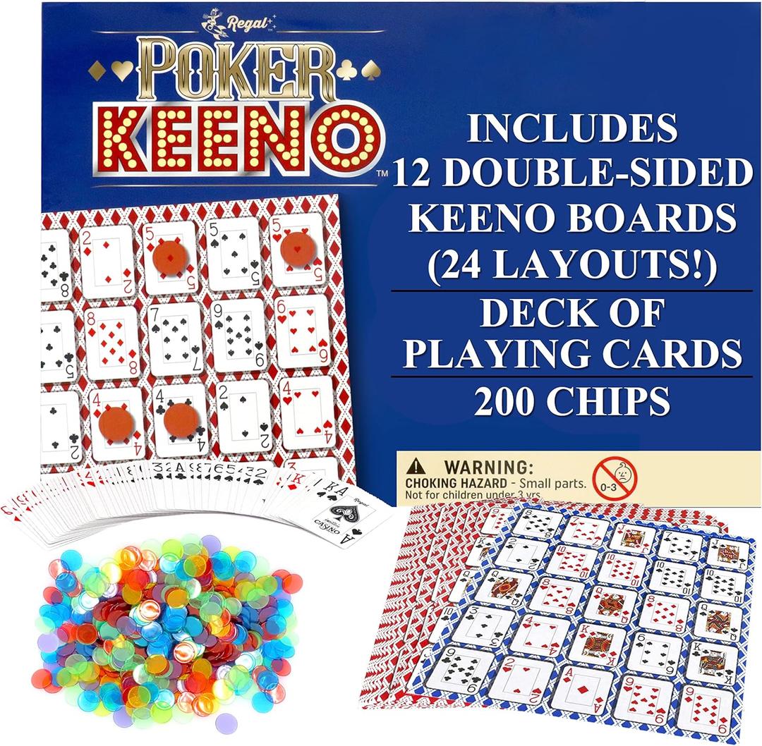 Regal Games - Poker Keeno Bulk Game Set - Includes 12 Two-Sided Boards, 200 Scoring Chips, 1 Deck of Standard Poker Cards - 24 Unique Board Layouts- Casino Night Card Game- Compatible with Poker Keno