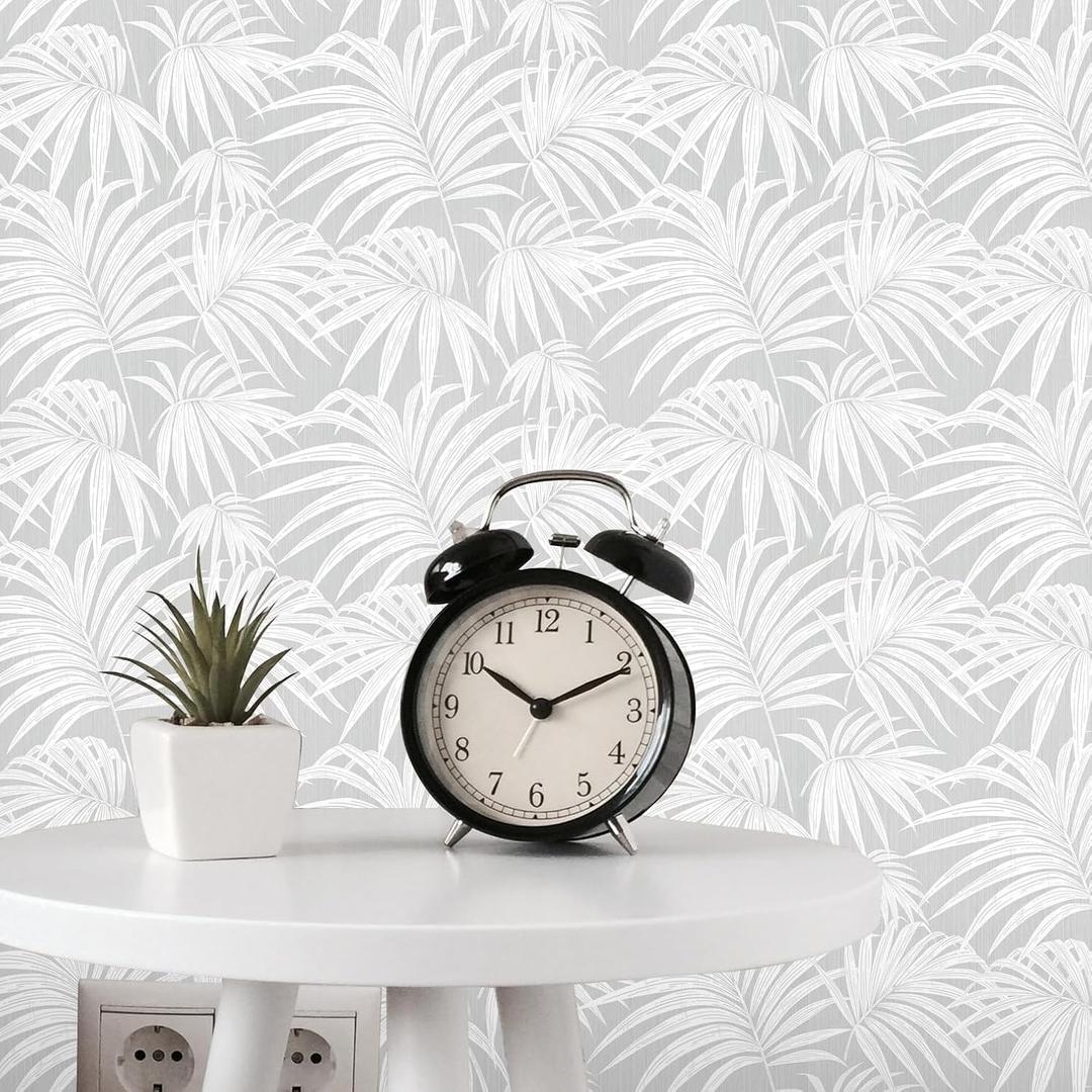 MelunMer Grey Leaf Peel and Stick Wallpaper Boho Gray Contact Paper Self Adhesive Wallpapers Removable Wallpaper for Bedroom/Bathroom Waterproof Modern Contact Paper for Cabinets Palm 393In L 17.3In W