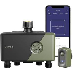 Diivoo WiFi Water Timer 4 Outlets, Smart Sprinkler/Hose/Tap Timer Compatible with Alexa & 24 Irrigation Plans & Rain Delay, Garden Watering Systems Controller with 2 Watering Modes for Lawn Yard