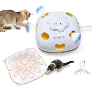 ORSDA Cat Toys for Indoor Cats, 4 in 1 Interactive Automatic Kitten Toys Hide and Seek with Mat, 8 Holes Mice Whack-A-Mole, Moving Wand Teaser Feathers,Rechargeable Electric Exercise Kicker Kitty Toy
