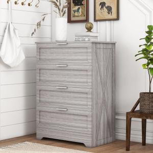 FTZxHKLX Farmhouse 4 Drawer Dresser for Bedroom, Tall Bedroom Dresser with Large Drawer & Silver Handles, Wooden Storage Organizer Cabinet Chest of Drawer for Closet, Living Room, Hallway, Wash Grey