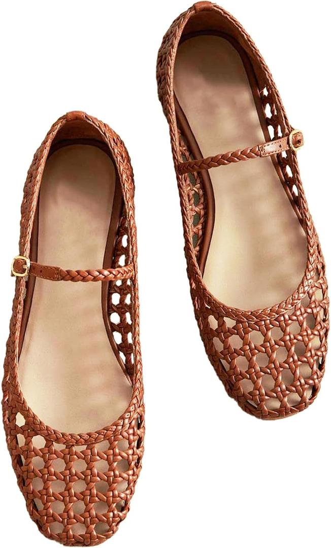 Molozoey Woven Mesh Ballet Flats for Women with Metal Buckle Strap Ballerina Flat Shoes Comfortable Round Toe Mary Jane Flat.