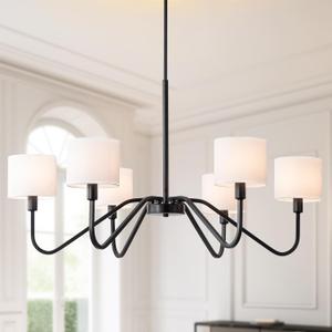 Modern Black 6-Light Chandelier, 39" Pendant Light with White Fabric Shade Adjustable Classic Chandelier Light Fixtures for Kitchen Island Dining & Living Room Entryway