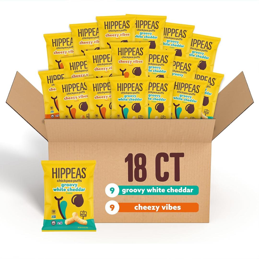 Hippeas Chickpea Puffs, Cheeze Variety Pack: Vegan White Cheddar, Nacho Vibes, 0.8 Ounce (Pack of 18), 3g Protein, 2g Fiber, Vegan, Gluten-Free, Crunchy, Plant Protein Snacks (EXP 02/05/26)