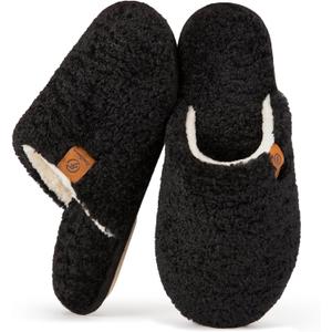 EverFoams Women's Fuzzy Slip-on Slippers Warm Cozy Soft Lightweight Memory Foam Indoor House Shoes Black, 7-8 US