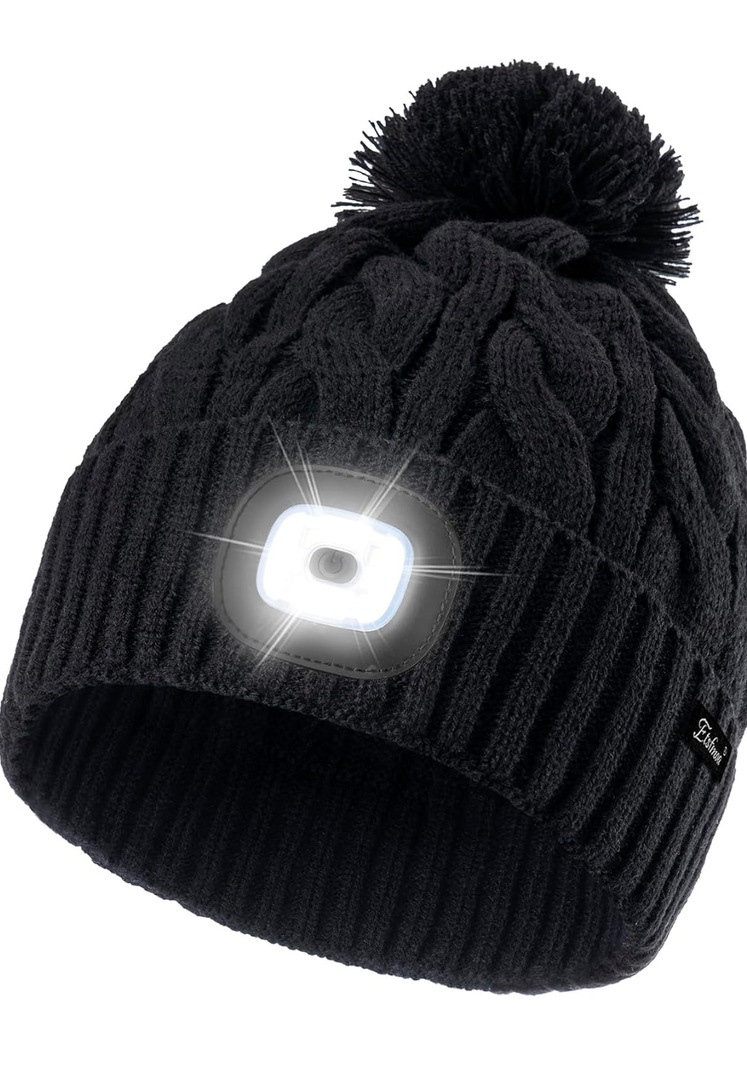 Etsfmoa Unisex Winter Beanie with The Light, Gifts for Men and Women, USB Rechargeable Headlamp Hat Black, Size: One Size