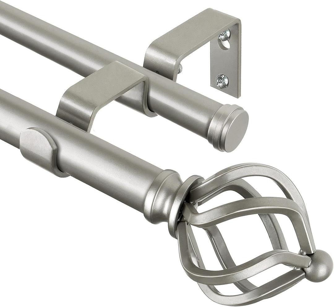 KAMANINA Double Curtain Rods 66 to 120 Inches (5.5-10 Feet), Dual Telescoping Curtain Rod for Windows 54 to 115 Inches, 7/8 Inch Decorative Curtain Rods with Twisted Cage Finials, Antique Silver