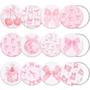 24Pcs Coquette Bow Mirror Pink Bow Cherry Pocket Portable Mirrors 2.95 Inch Round Mini Makeup Mirrors for Women Birthday Party Favors Supplies