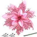 Christmas Poinsettia Artificial Flowers Decorations 5.5" Christmas Tree Wreaths Garland Decoration 12 Pcs Glitter Flowers Picks Decor for Xmas New Year Wedding Party Ornaments (Pink)