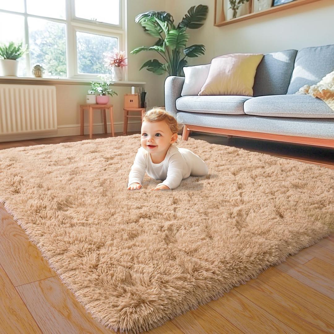KING DARE Beige Rug for Bedroom 4x6, Fluffy Shaggy Washable Floor Area Rug, Fuzzy Furry Non-Slip Soft Plush Carpet for Living Room Playroom Kids Room Modern Aesthetic Decor