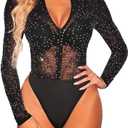 Lrady Women's Sheer Mesh Turtleneck Neck See Through Leotard Bodysuit Body Tops (X-Large, Black-93)