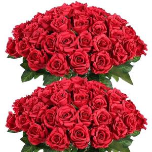 FOTEEWL 60 Pcs Artificial Rose Flower Realistic Faux Silk Roses Stem Fake Roses Bouquet for Flower Arrangement,Wedding Centerpieces,Party,Home Decorations (Burgundy)