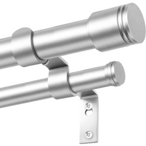 USFOOK 1 Inch Silver Double Curtain Rods 72-144 Inches (6 to 12 Ft), Telescoping Dual Curtain Rods with Classic Cap Finial, Long Double Drapery Rod for Sliding Glass Door, Wall Mounted