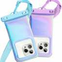 Floatable Waterproof Phone Pouch Case 2 pcs for iPhone 17 16 Pro Max/15/14, IP68 Travel Cellphone Dry Bag Beach Cruise Ship Essential Bag with Crossbody Lanyard, Iridescent Blue and Purple-7″