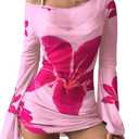 ZAFUL Womens Swimsuit Cover Up Dress Off Shoulder Hollow Coverup Bathing Suit Mesh Swim Beach Dress (X-Large, 0-pink)