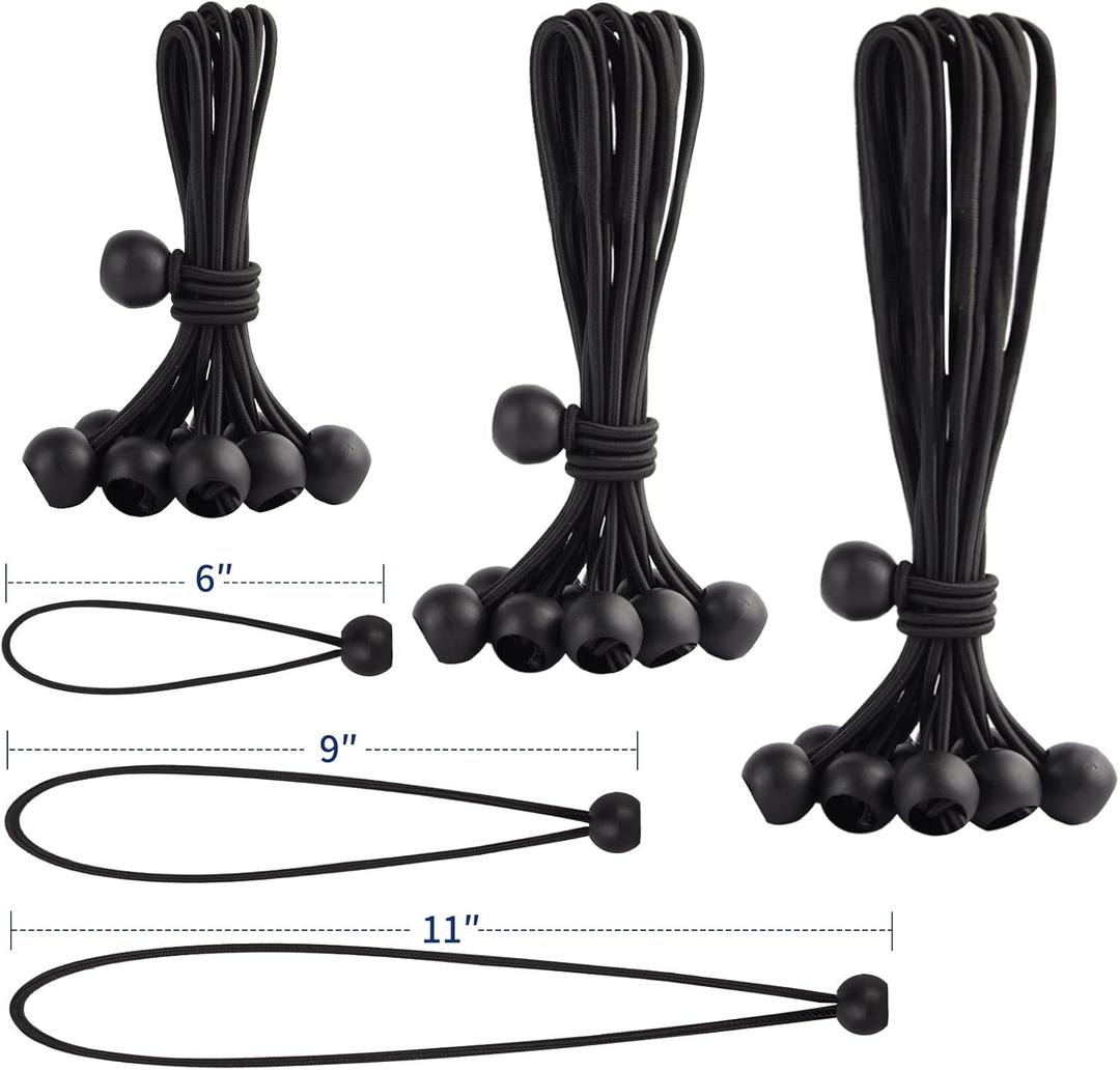 30PCS of 3 Sizes Ball Bungee Cords, 6, 9, 11 Inch Tarp Canopy Bungee Balls, Heavy Duty Tie Down Cord for Shelter, Gazebo, Camping, Tent, Cargo, Holding Wire and Hoses (Black)