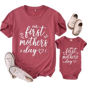 Our First Mothers Day Matching Outfit Mommy and Me Newborn Baby Boys Girls Romper Onesie New Mom Shirts for Women, Small