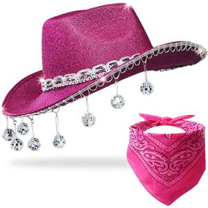 Pink Disco Cowgirl Hat with Bandana,Glitter Rhinestone Disco Ball Cowboy Hat for Women Men Costume Cosplay