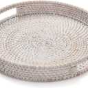 11.8 inch Round Rattan Tray, Decorative Coffee Table Trays, Ottoman Tray, Woven Serving Tray with Handles, Wicker Serving Basket, Whitewash