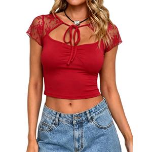 CSDAJIO Women's Cutout Keyhole Front Cropped Tee Lace Short Sleeve Sexy Top Ruched See Through Fitted T Shirt Burgundy, M