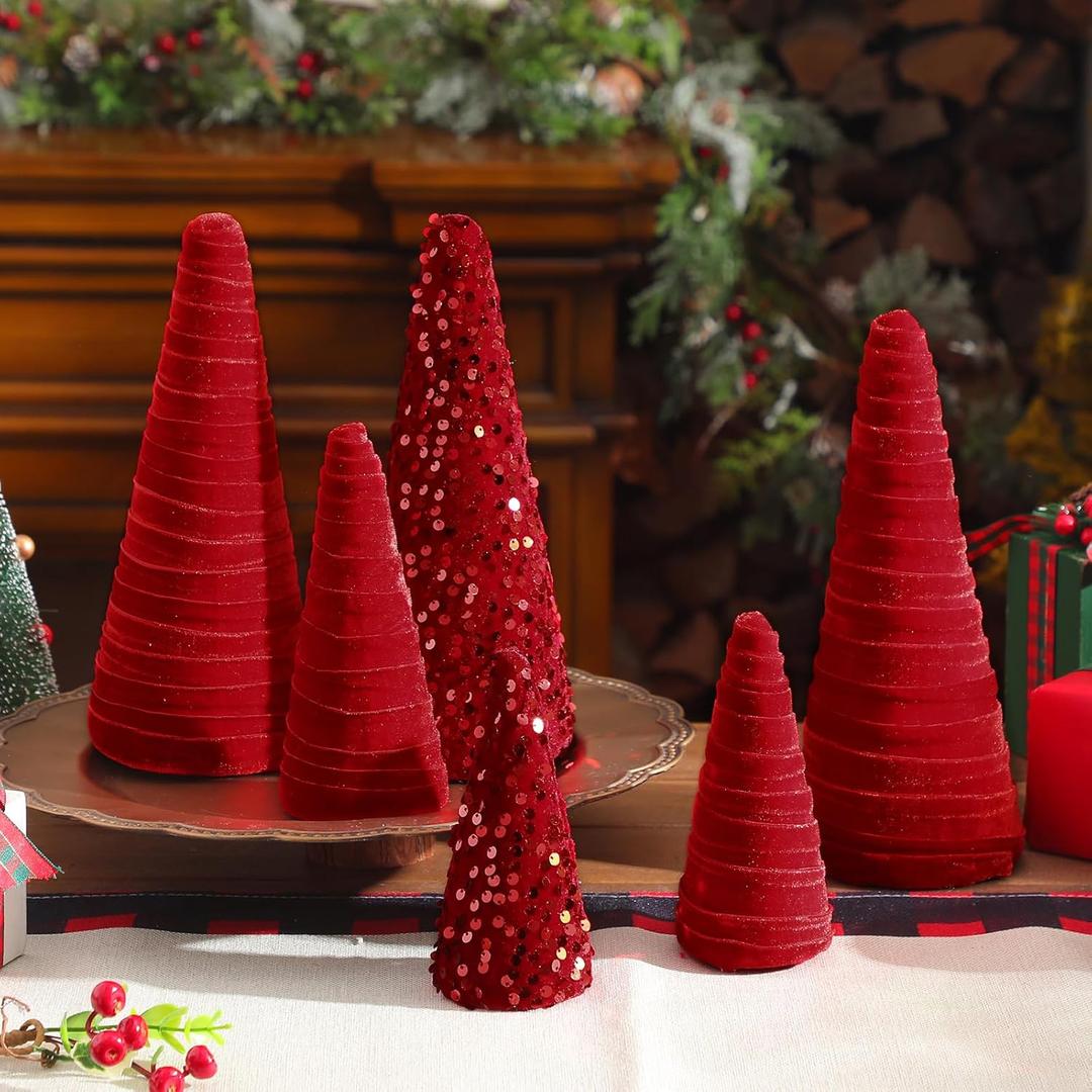 Syhood 6 Pcs Christmas Velvet Trees Set Modern Winter Tree Decorations, Christmas Home Decor, Rustic Winter Indoor, Minimalist Decor, Farmhouse Home Decoration(Red)