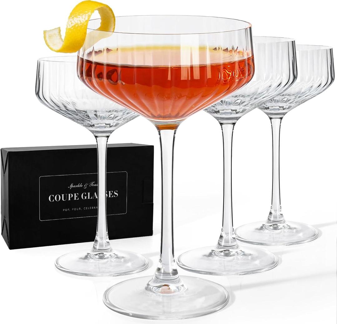 VIMERPA Coupe Glasses, 10oz Ribbed Coupe Martini Glass Set of 4, for Martini Cocktail, Wine, Champagne, Espresso, Crystal Retro Style for Cocktail Bar Drinks, Vintage Art Deco Glassware
