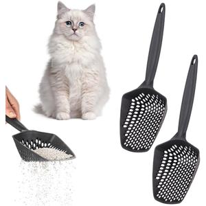 Set of 2 Cat Litter Scoop with Small Holes for Fine Litter, Hanging Handle Deep Reptile Terrarium Sand Sifter, Poop Scooper Rabbit Pooper Lifter Kitten Sifting Shovel (Black, Set of 2)