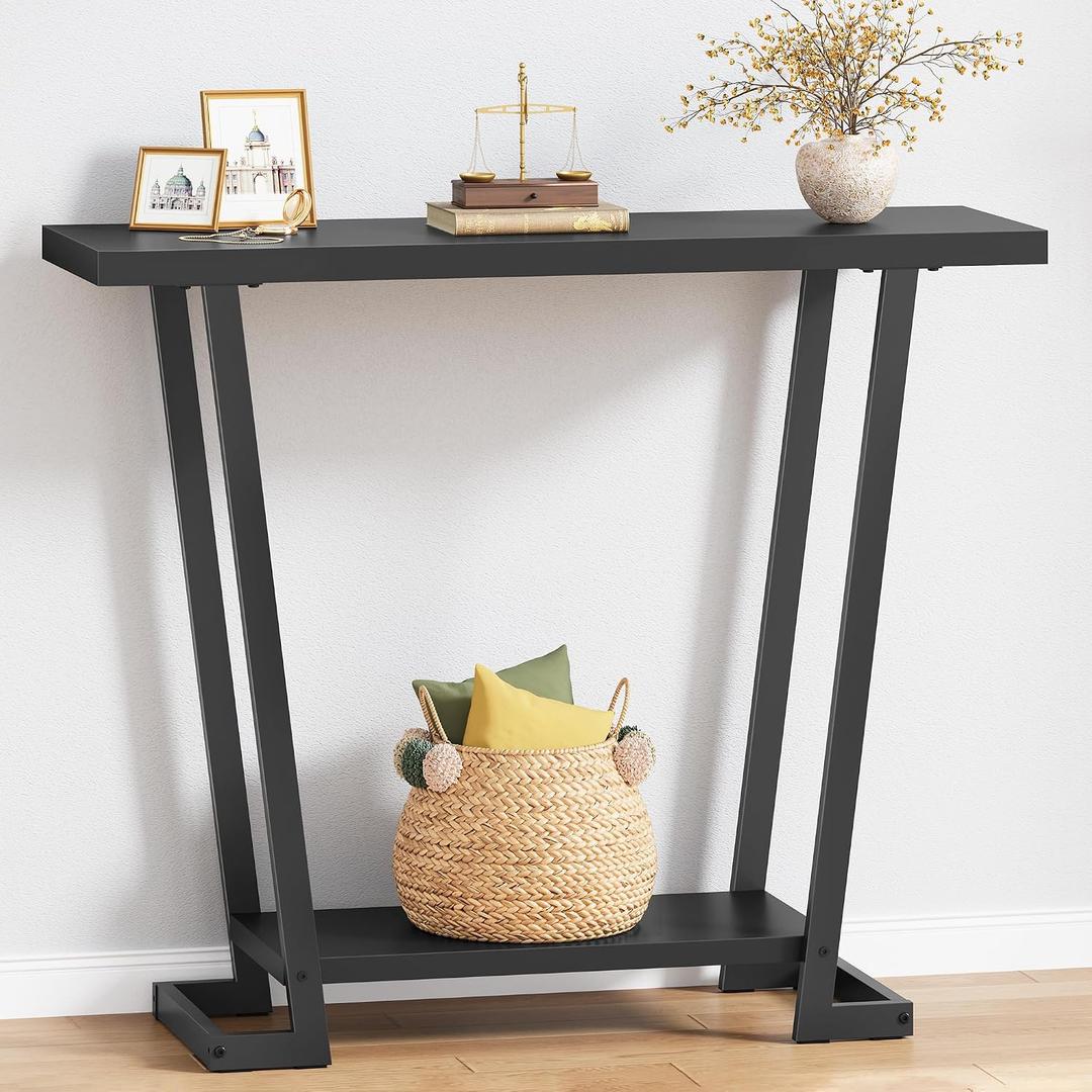 Tajsoon Rustic Console Table 31.5'', 2 Tier Narrow Entryway Table, Black