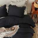 MR&HM Black Stonewashed Ruffled Queen Comforter Set, Farmhouse Bedding Lightweight Fluffy Comforter 3 Pieces, Ultra Soft Microfiber Shabby Boho Chic Vintage Ruffled Bedding Comforter Sets Queen Size