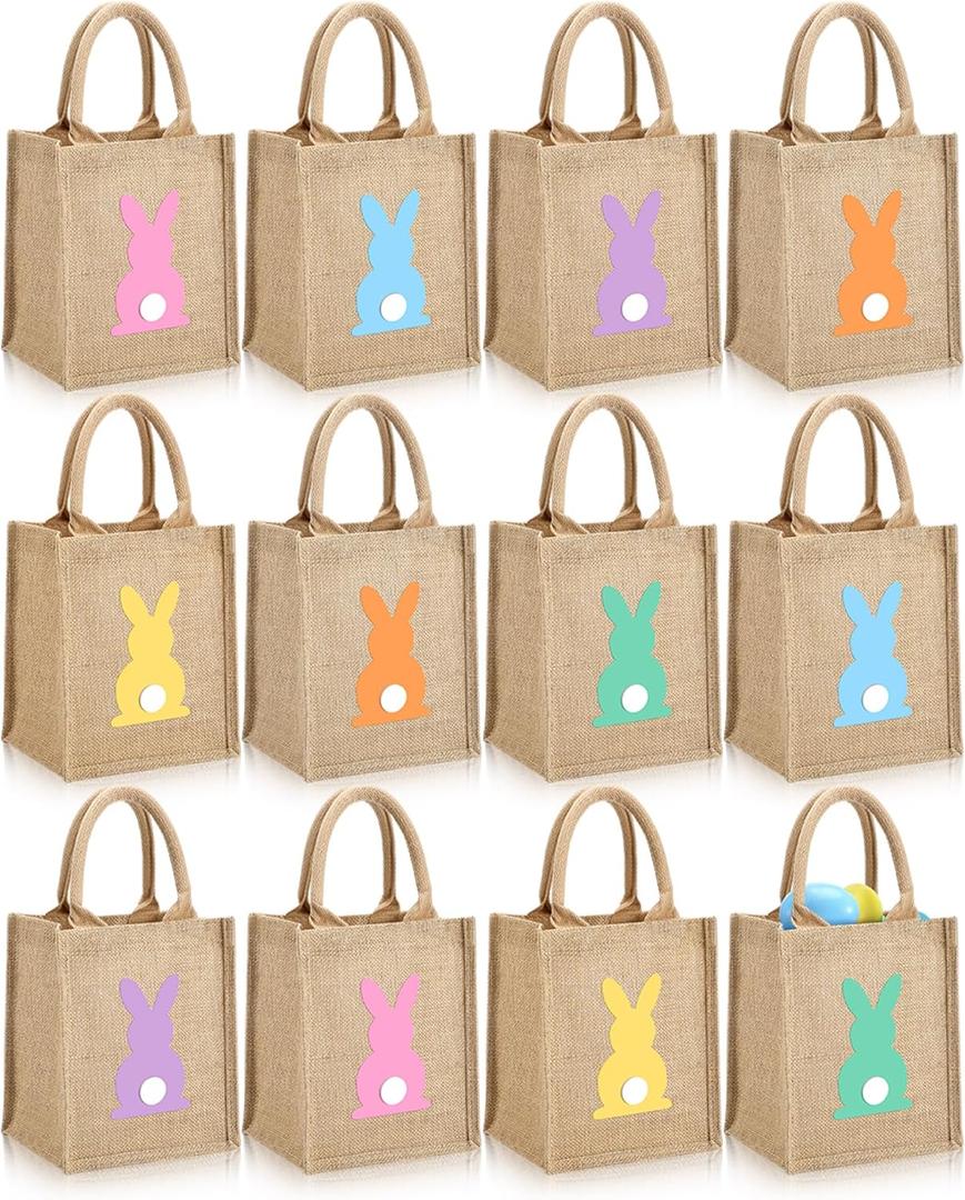 GliCraft 12 Pack Easter Burlap Gift Bags Large Bunny Jute Bags with Handle and Waterproof Lining Reusable Burlap Tote Bag for Kids Egg Hunt Game Spring Easter Party Supplies, 8''x10''x6''