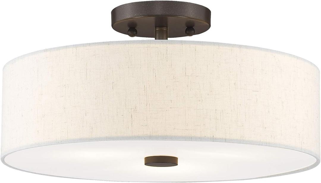 Livex Lighting 52135-92 Meridian Collection 3-Light Semi Flush Mount Ceiling Fixture with Oatmeal Color Fabric Hardback Drum Shade and Satin White Diffuser, English Bronze