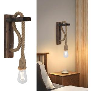 KEESFU Wood Wall Sconce 1 Light, Farmhouse Wood & Hemp Rope Wall Mount Light Fixture, Rustic Light Fixtures for Bedroom Entryway Hallway Living Room.